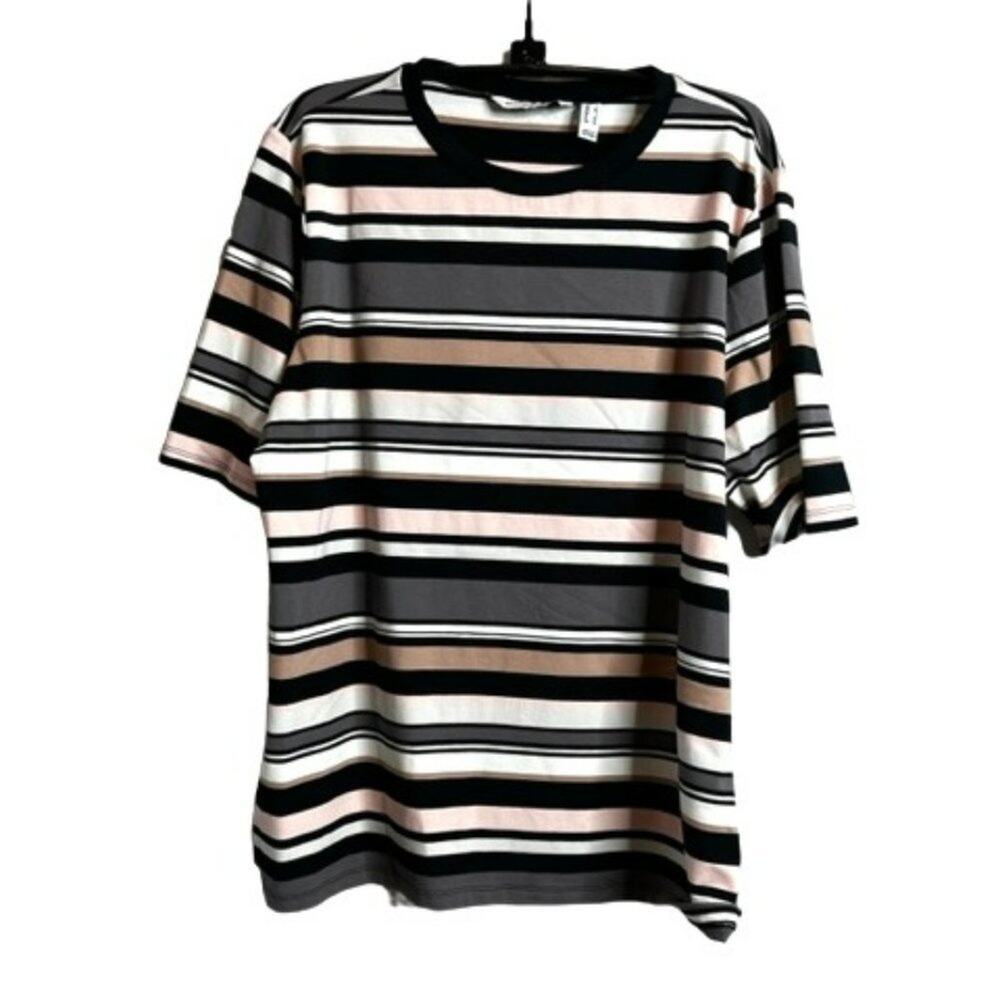 Isaac Mizrahi Striped Top Large Neutral Pink Taupe Gray Elbow Sleeve Soft Knit